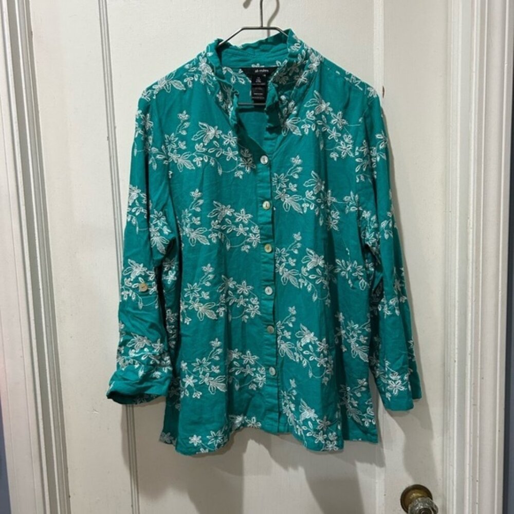Ali Miles 1X Teal embroidered Button-Up Blouse linen blend artsy artistic boho